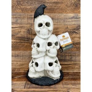 Pumpkin Hollow LED Ceramic Tower of Skulls Perched Crow Halloween Decor 15.5"